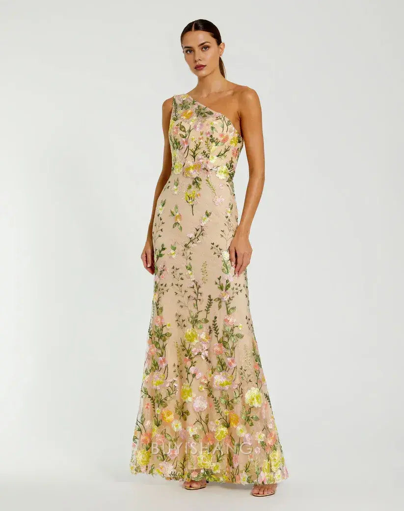 Elegant One-Shoulder Floral Embroidered Mermaid Maxi Dress Mother of the Bride Dress